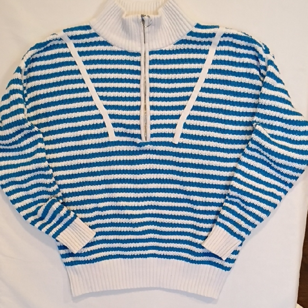 Seaside Nautical Blue White Striped Sweater Coastal Grandma Oversized